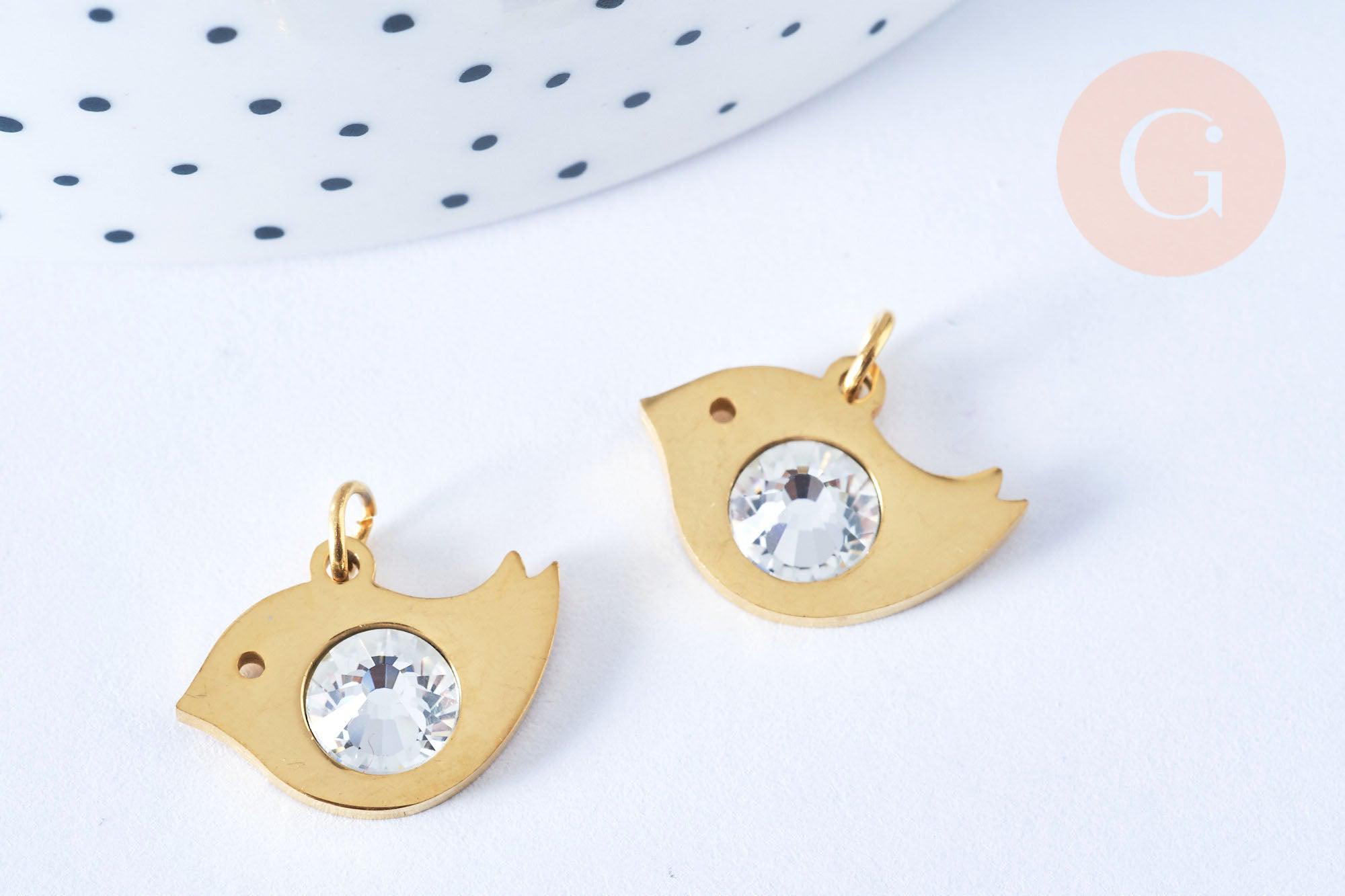 Pendentif oiseau acier 201 inoxydable doré 18K zircon 14mm,acier inoxydable doré pour création bijoux, x1 (G6647)