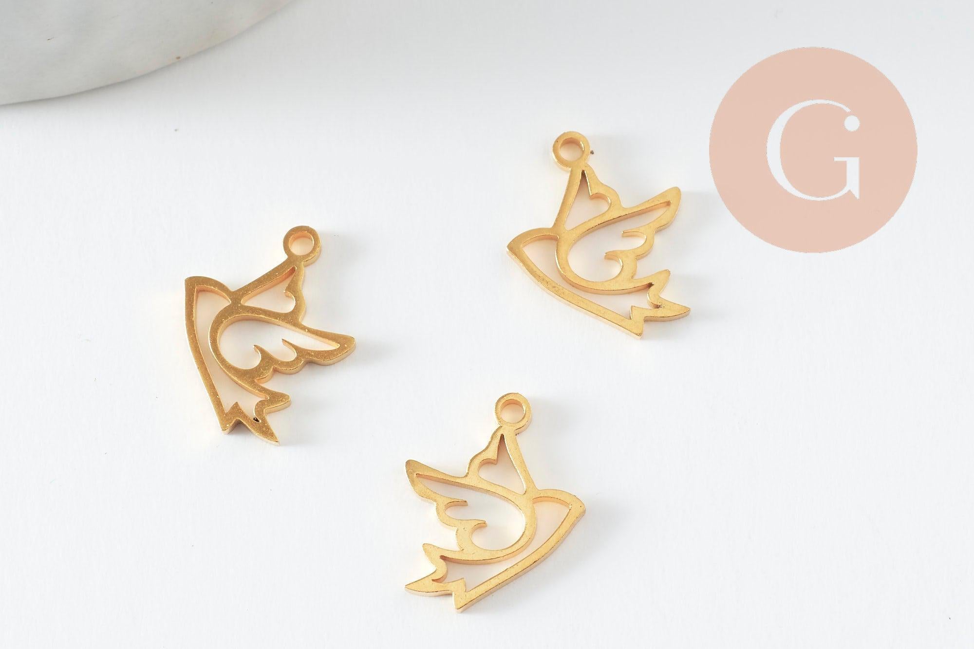 Pendentif oiseau colombe évidé acier 304 inoxydable doré 14mm, x1 (G9578)