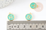 Pendentif rond doré initiale lettre émail bleu turquoise 14mm, x1 (G2935)