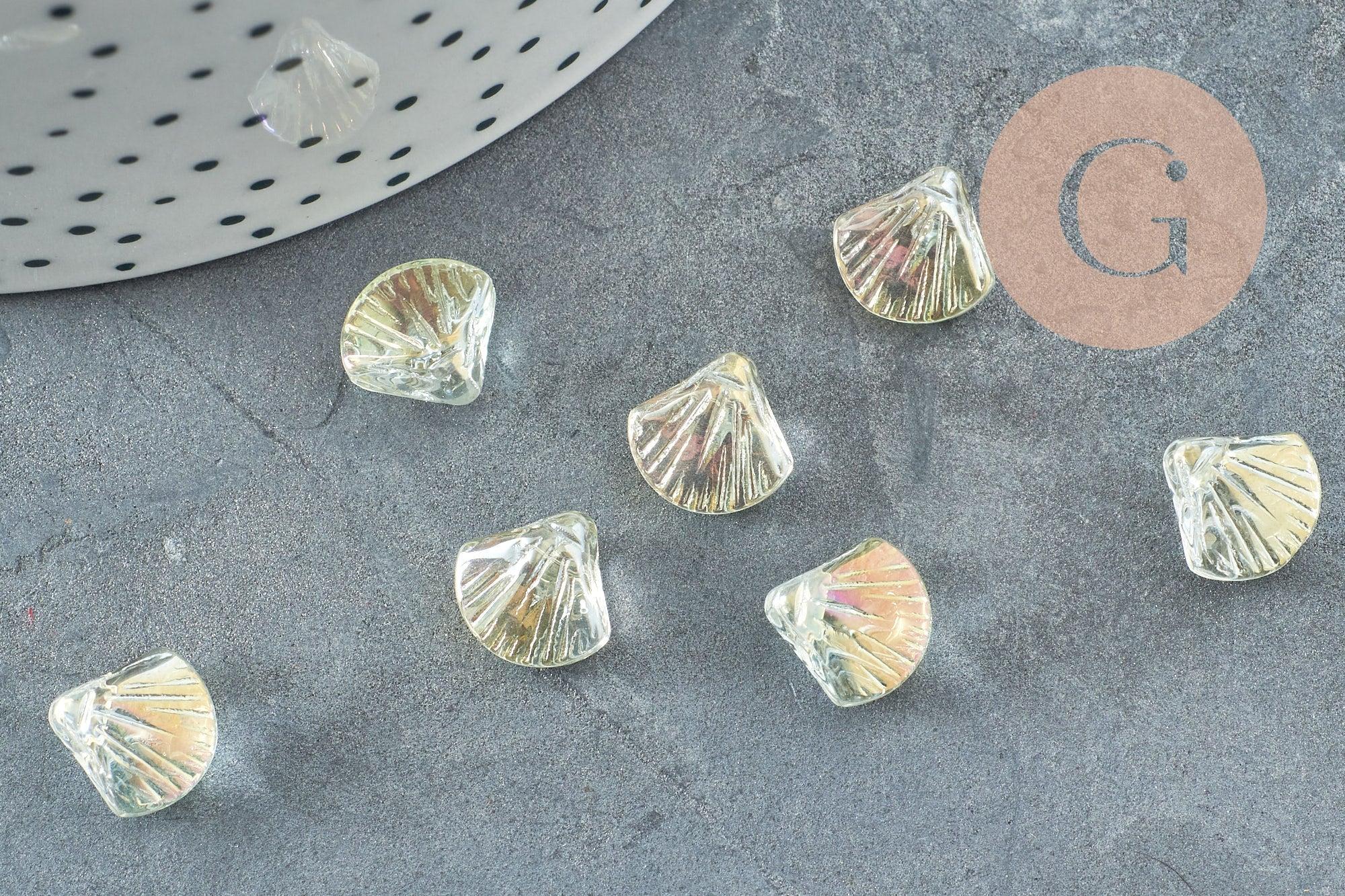 Perle coquillage verre tchèque transparent irisé 10.5mm, x10 (G4374)