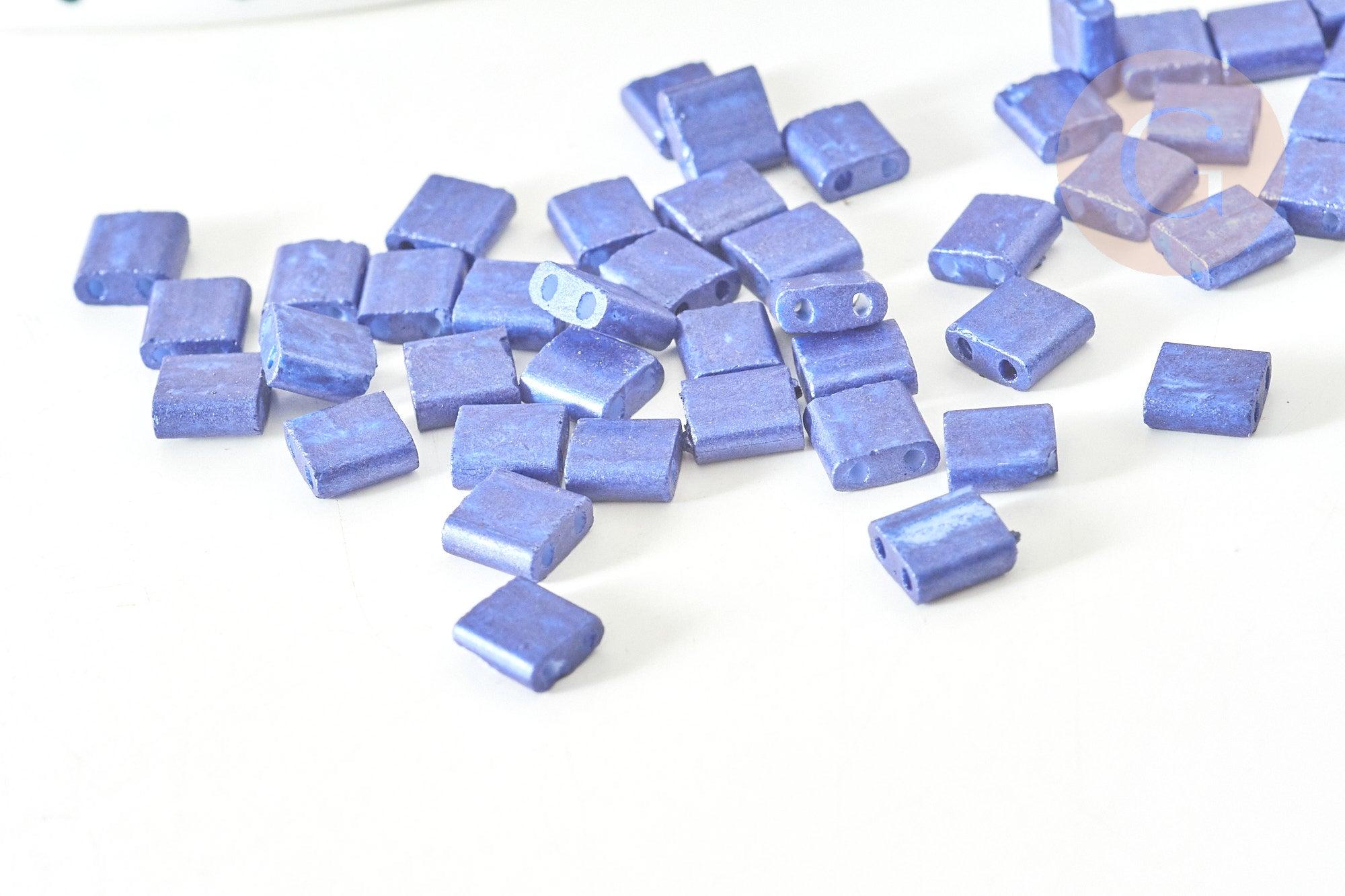 Perles rocaille carré verre rectangle bleu nuit, perle carré création bracelet, perle tila,4.5mm,2 trous, x50 (4.8GR) (G7756)