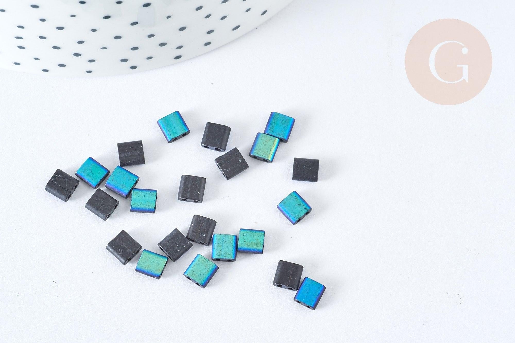 Perles rocaille carré verre rectangle noir mat bleu irisé opaque,création bracelet, perle tila,4.5mm,2 trous, x50 (4.8GR) G7481)