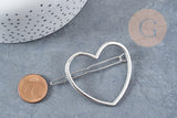 Support barrette coeur métal argenté 48.5mm, x1 (G8833)