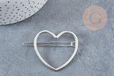 Support barrette coeur métal argenté 48.5mm, x1 (G8833)