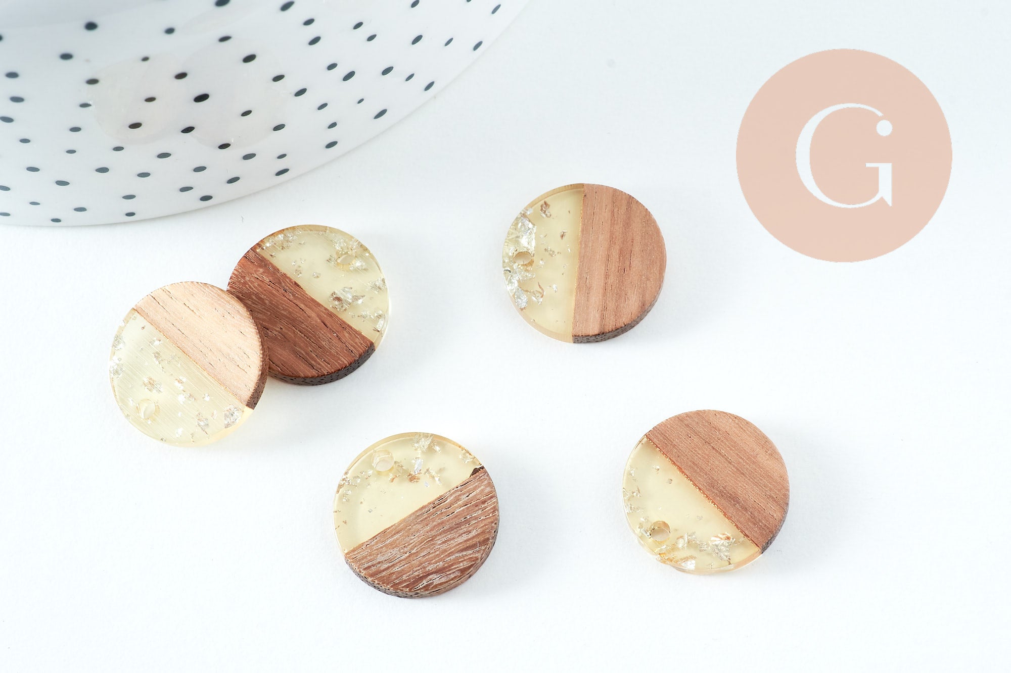 pendentif disque bois résine paillettes, bois naturel, perle bois rond, Perle géométrique,perle ronde,création bijoux bois,18mm, x5, G1994
